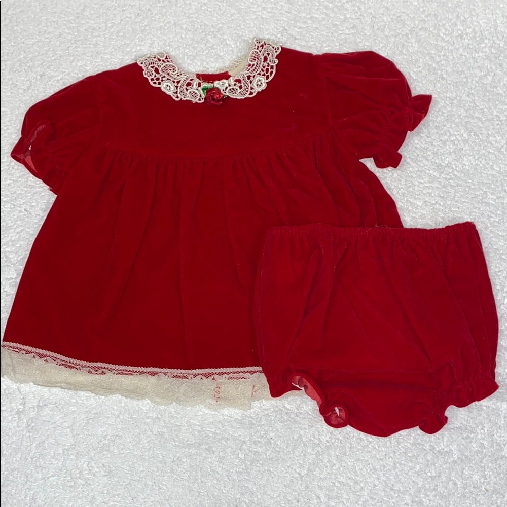 Allison Ann Red Velvet Baby Dress with Lace Trim and bloomers/diaper cover 6/9m
